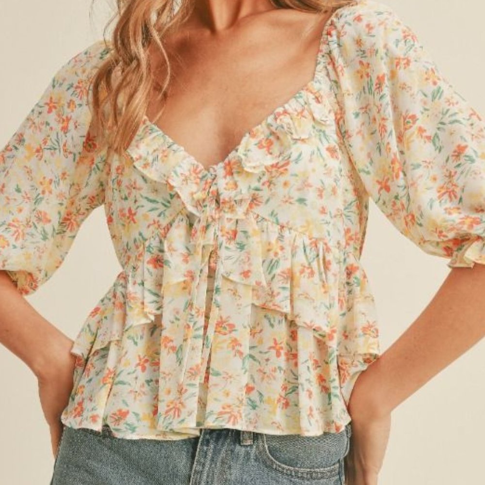 New Boho Ruffle Floral Print Short Sleeve Top